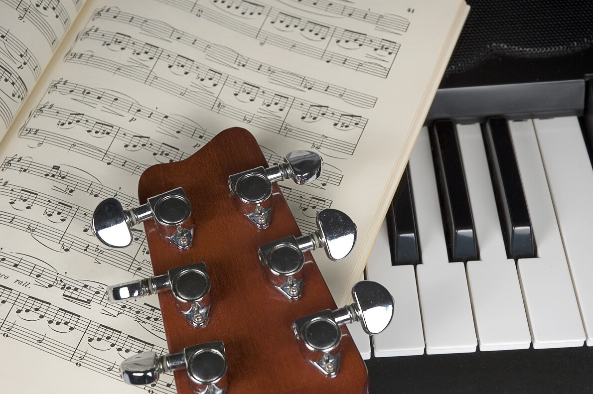guitar, music notes and piano