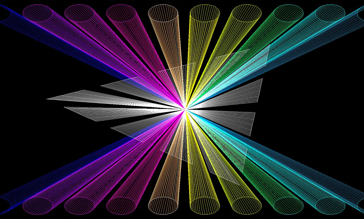 laser image with purple and yellow and turquoise