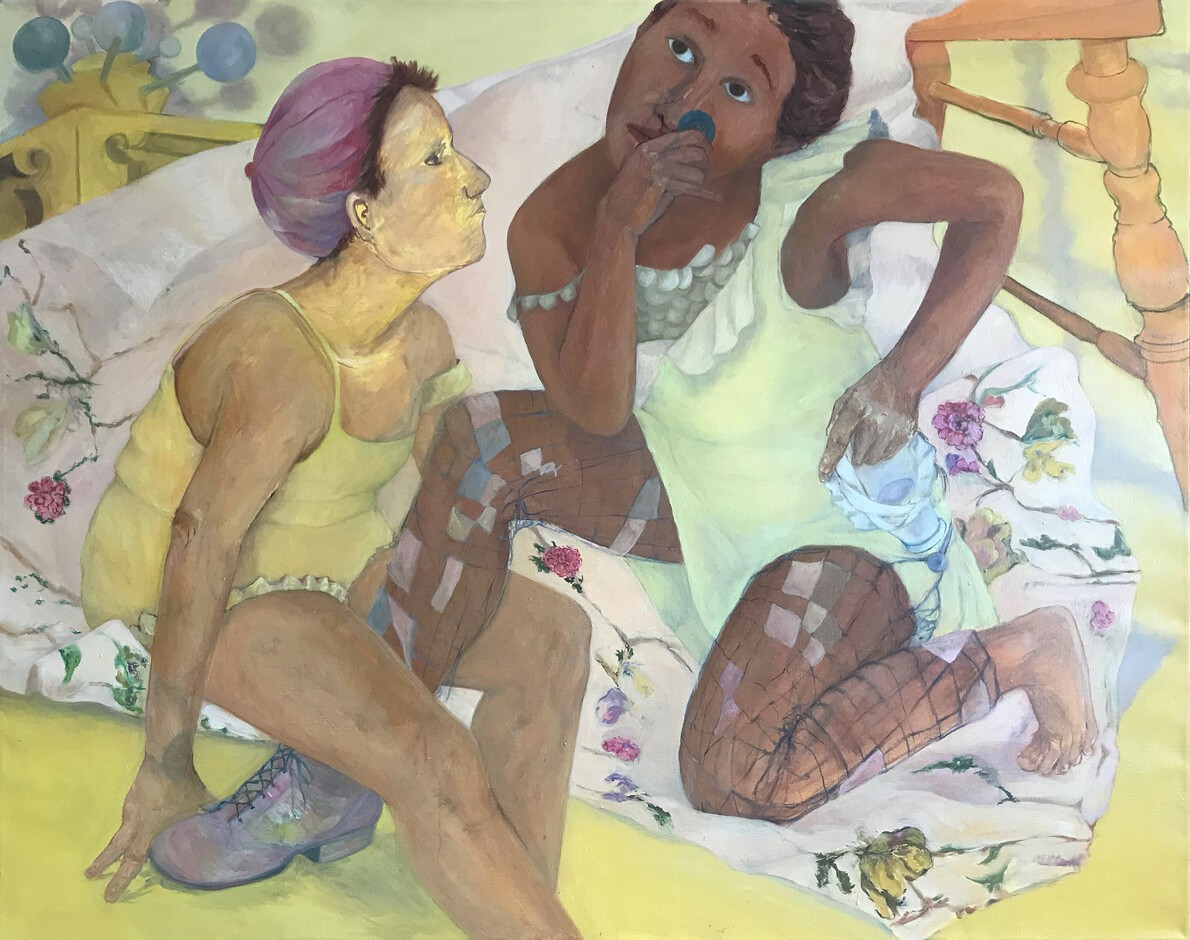 painting of 2 women on blanket 
