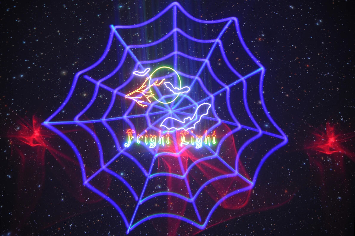 spider web laser image with fright light text