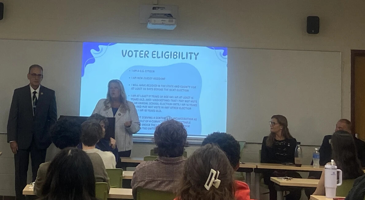 students in classroom with voter eligibility on screen