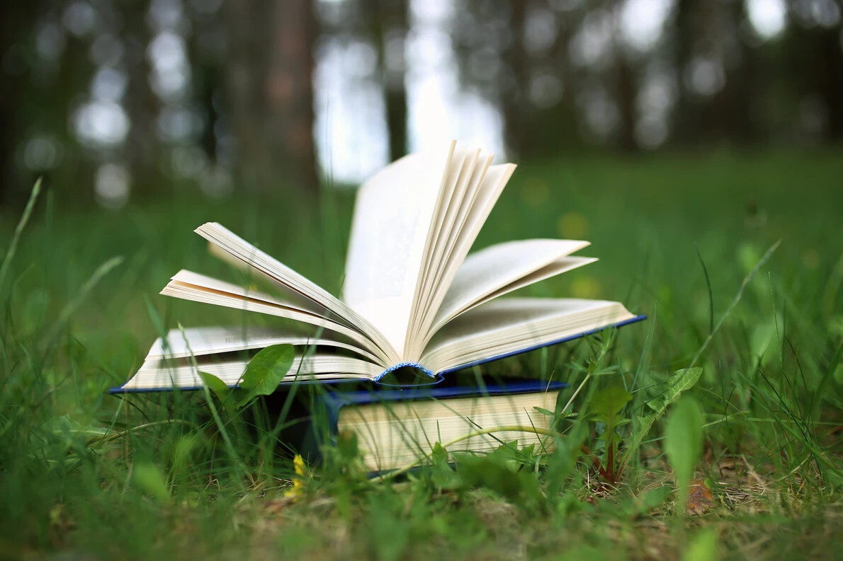 open book on top of another book on grass outside