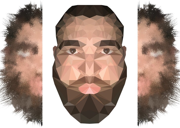 3 images showing whole and halves of bearded man's head