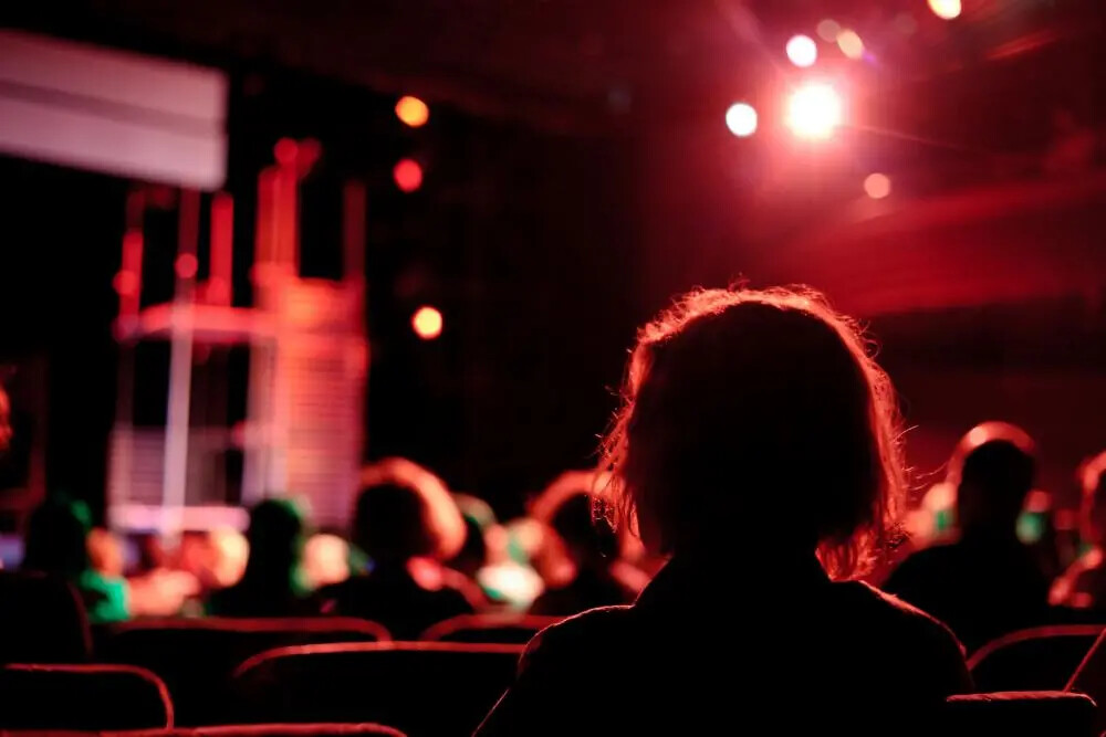 backs of heads of people sitting in theatre