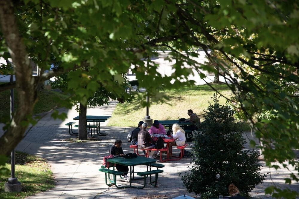 students sitting at picnic tables outside