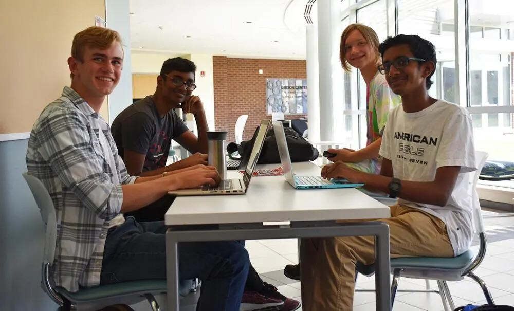students in the science building