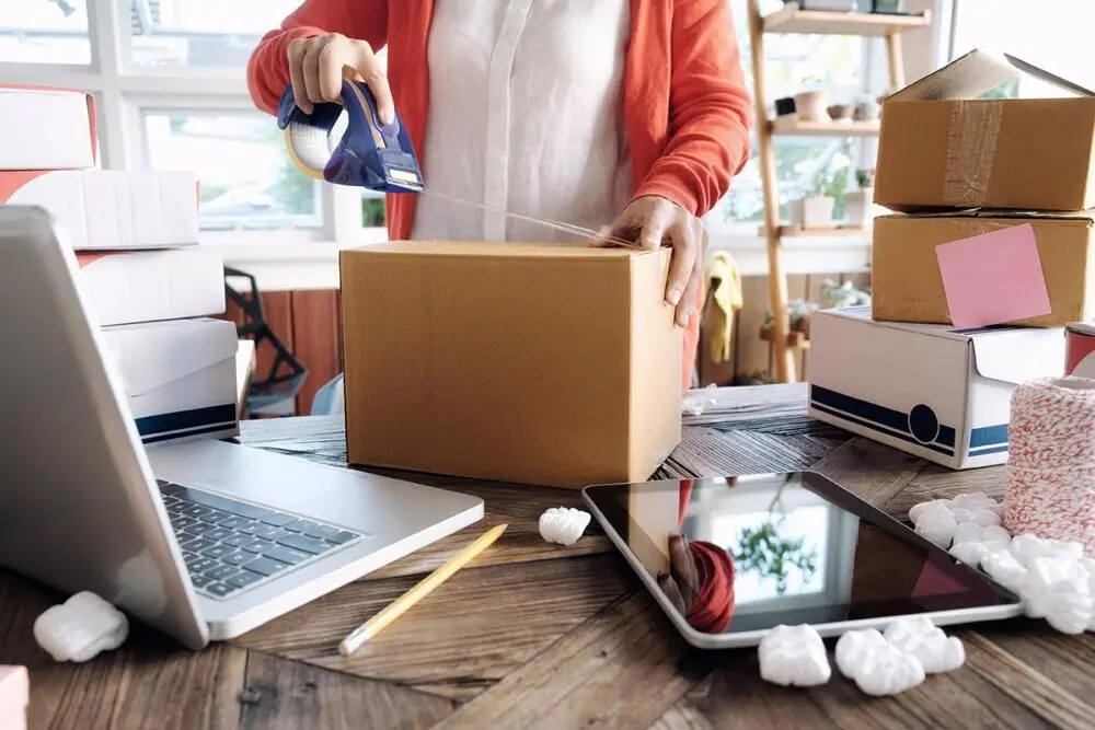 packages and laptop