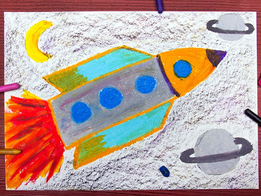children's drawing of rocket in space
