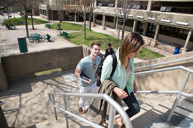 students walking up steps outside