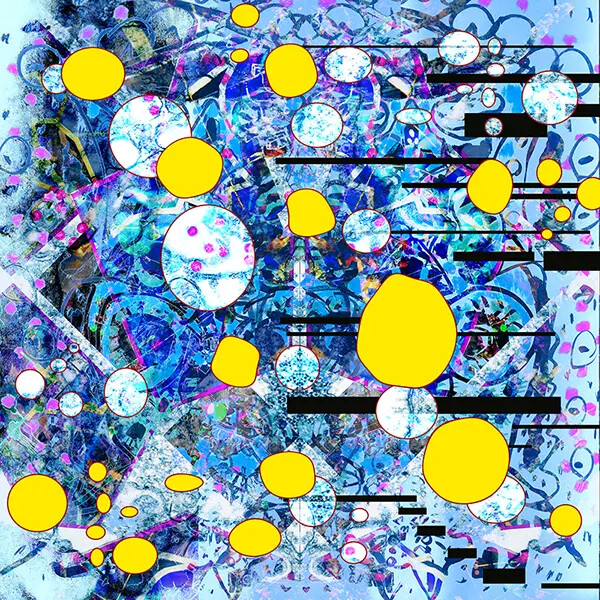 square shaped artwork in blues with yellow
