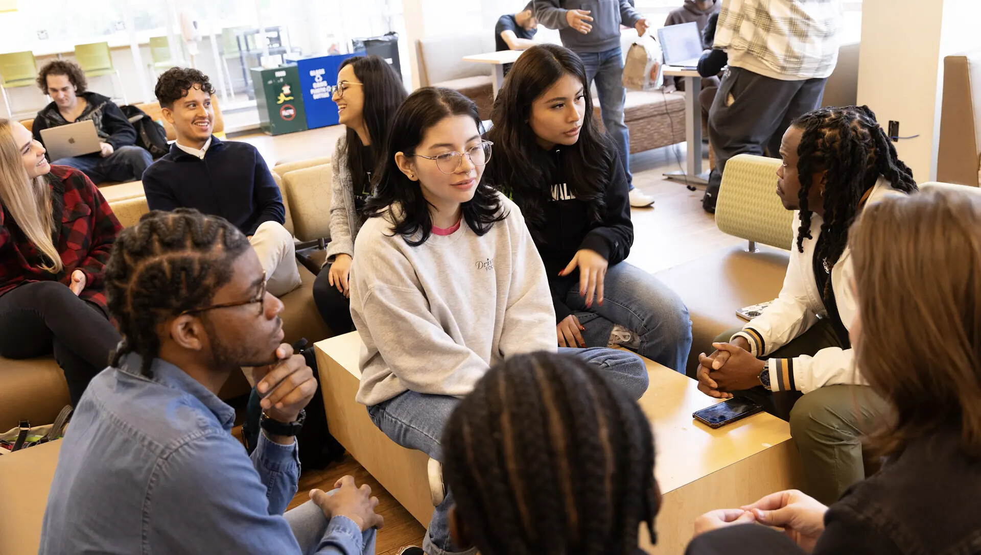 group of students between classes relaxing