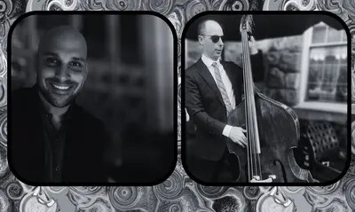 black and white 2 photos of man and man playing bass