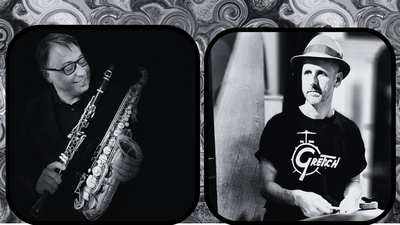 2 black and white photos of man with sax and clarinet and man in hat