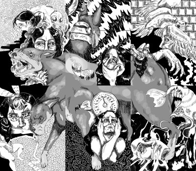 black and white artwork with many faces