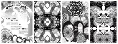 four panels of black and white artword with bodoni