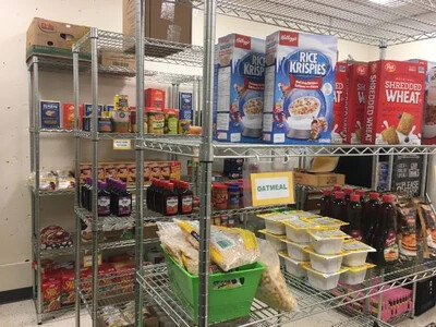 metal shelves stocked with food