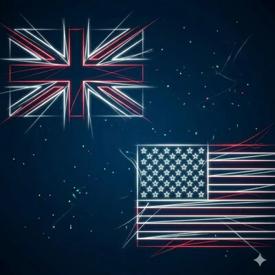 graphic design showing British and American flags in the night sky