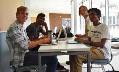 students in the science building