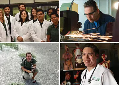 four photos of students, one group in lab coats