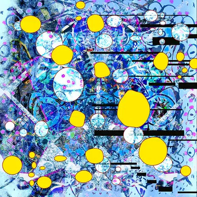square shaped artwork in blues with yellow