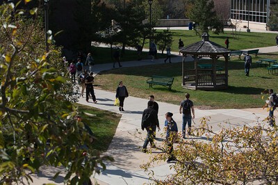 students walking outside campus