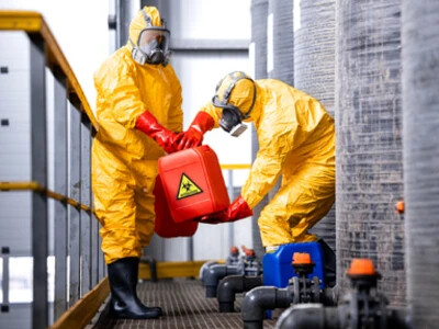 Workers in Hazmat outfits