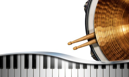 piano keys, cymbals, drum, drum sticks
