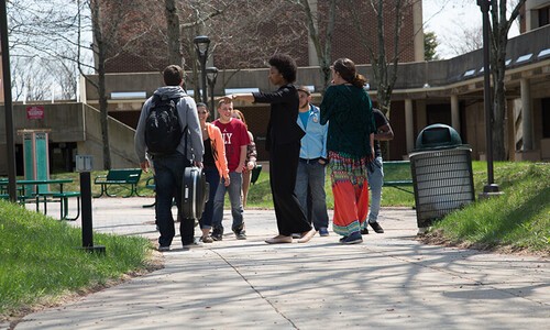 students walking in courtyard