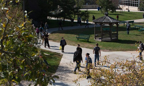 overhead view of students walking outside college