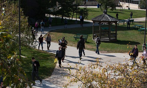 several students walking outside on campus