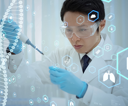 A laboratory scientist wearing safety goggles and gloves uses a pipette to handle a sample in a high-tech biomedical lab, with digital healthcare and DNA graphics overlaying the image to represent biotechnology, research, and innovation.