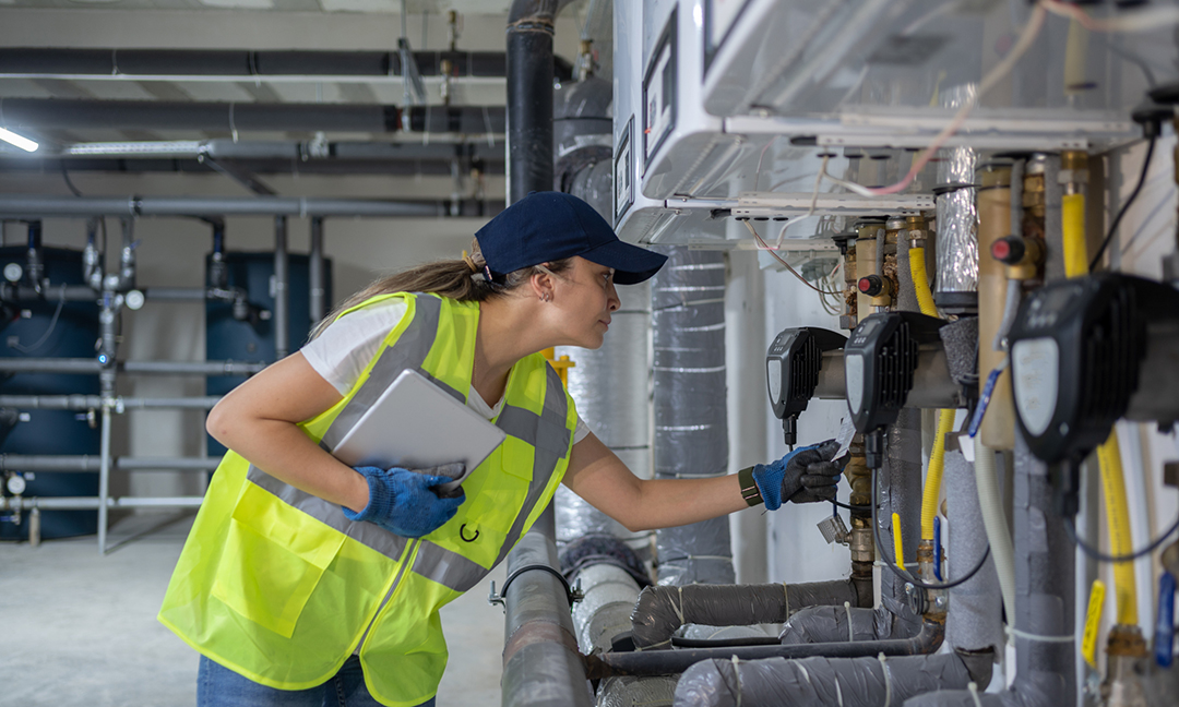 Technician Checking Heating System In The Boiler Room With Tablet In Hand