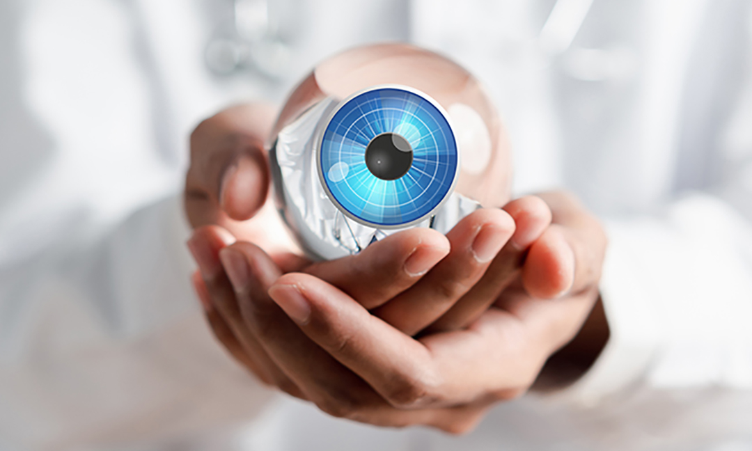 Digital vision eye care concept. Doctor using technology for eye test vision, checking eyesight, Eye clinic appointment.