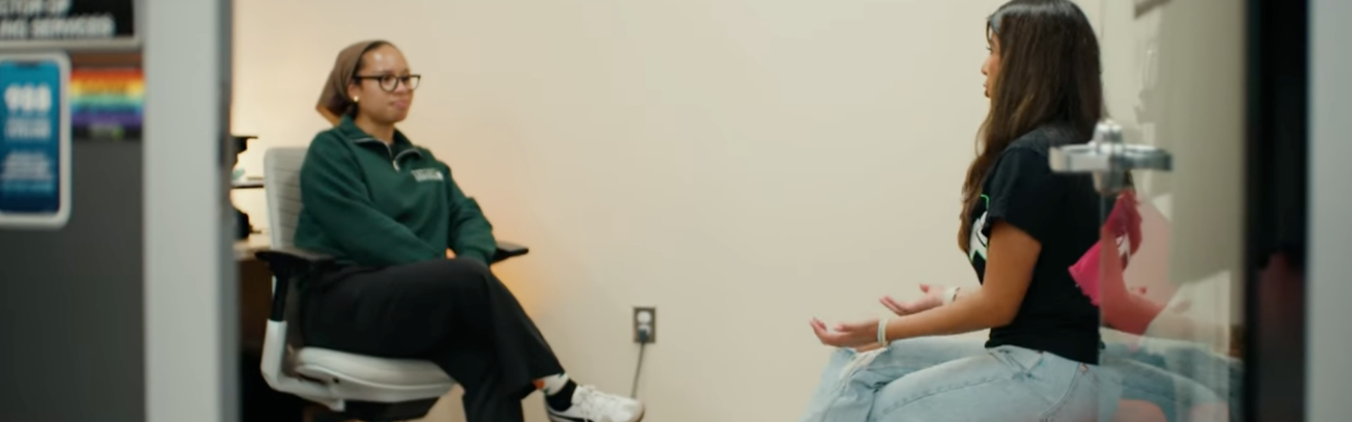 A RVCC student speaks to a director of counseling services in their office.