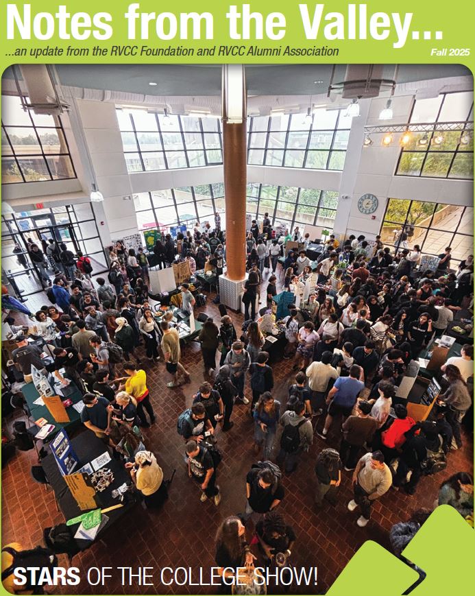 Cover of the Notes from the Valley magazine for Fall 2025 from the RVCC Foundation and RVCC Alumni Association. The cover features a wide, overhead view of the Raritan Valley Community College atrium filled with hundreds of students, faculty, and visitors attending a campus event with information tables and exhibits. The headline at the bottom reads, 