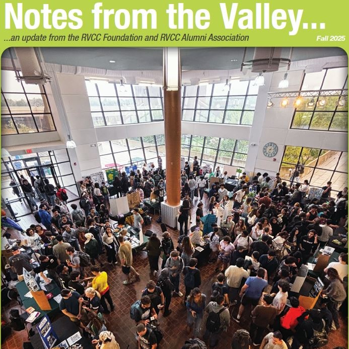 Cover of the Notes from the Valley magazine for Fall 2025 from the RVCC Foundation and RVCC Alumni Association. The cover features a wide, overhead view of the Raritan Valley Community College atrium filled with hundreds of students, faculty, and visitors attending a campus event with information tables and exhibits.