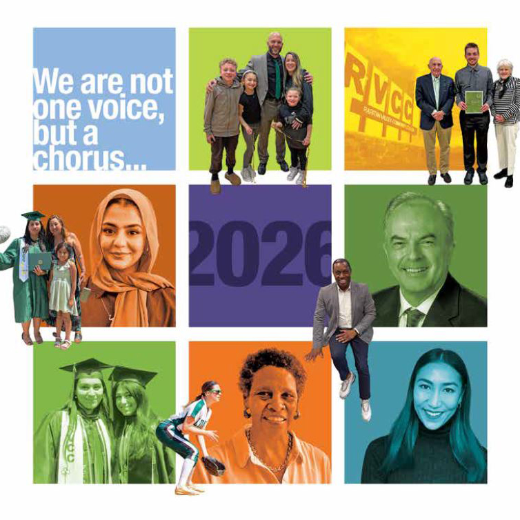Collage of colorful square panels featuring students, faculty, alumni, and community members associated with Raritan Valley Community College. Images include graduates in caps and gowns, a family, student-athletes, faculty and leadership portraits, an award presentation, and a student wearing a hijab. The collage also features the quote, 