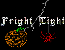 “Fright Light” graphic featuring gothic white lettering, a glowing jack-o’-lantern, red spider, and lightning on a black background.