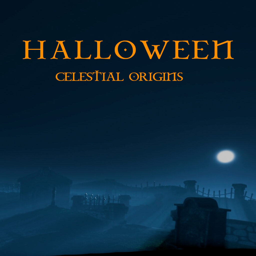 Halloween: Celestial Origins graphic featuring an eerie, moonlit cemetery in blue tones with orange title text.