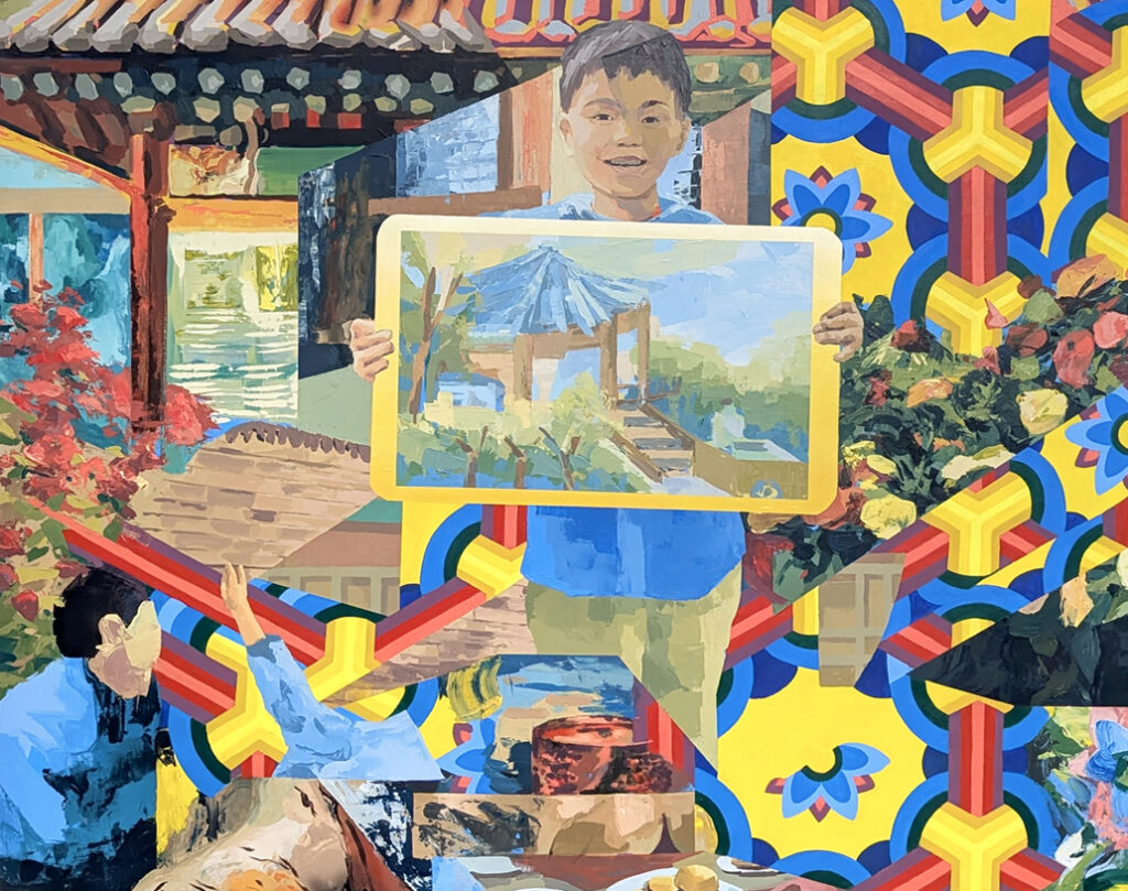 Colorful collage of images representing "Missing Pieces" a solo exhibition of work by Ji Yong Kim