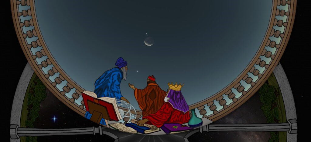 Illustration of the Three Wise Men observing a crescent moon and bright star through a large observatory dome.